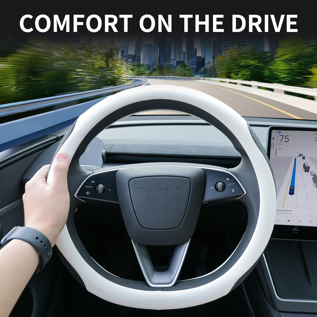 Uxcer installed on Tesla Model 3 steering wheel improving grip and appearance