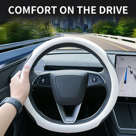 Uxcer installed on Tesla Model 3 steering wheel improving grip and appearance