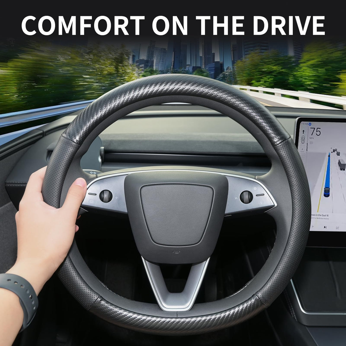 Uxcer installed on Tesla steering wheel showing secure anti-slip fit