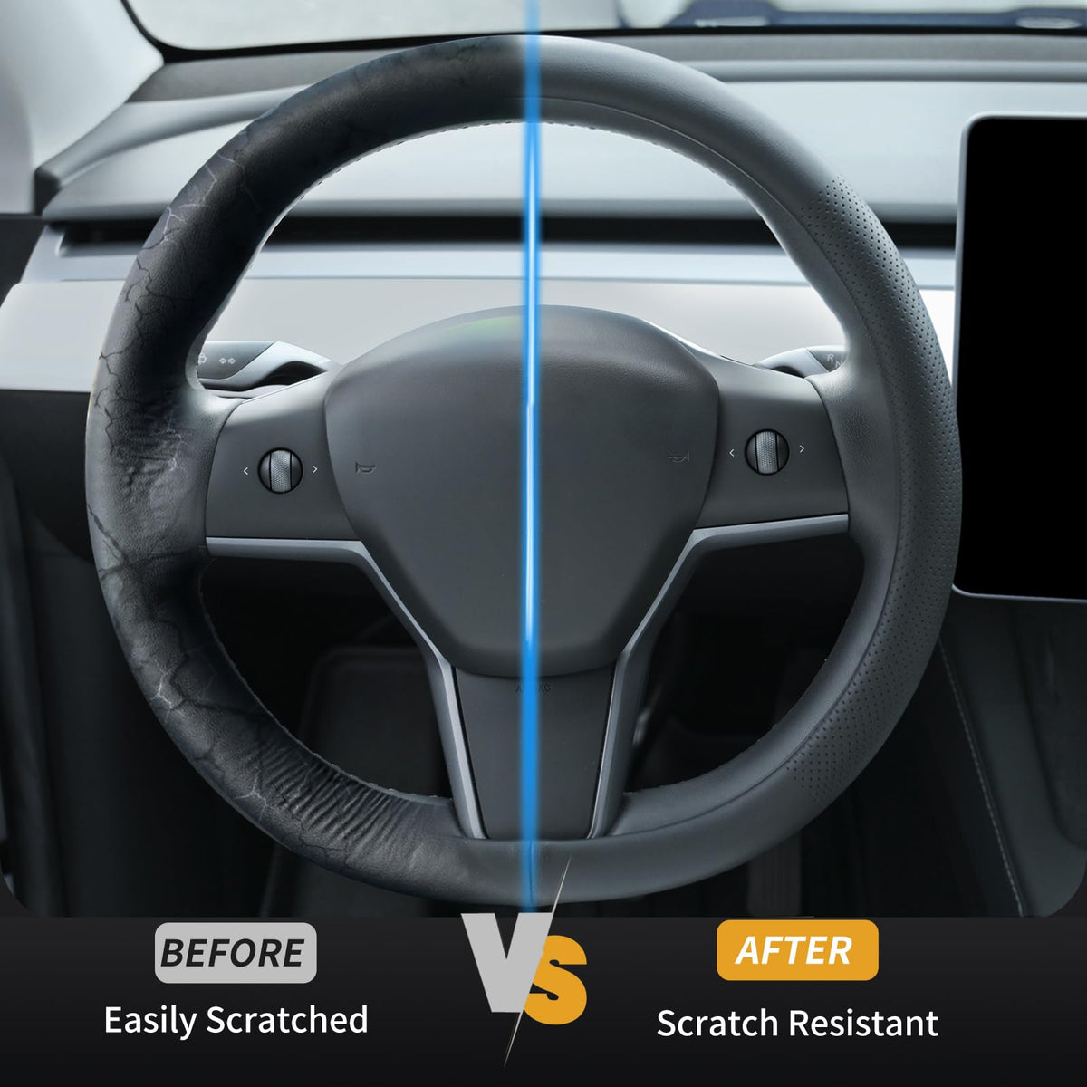 Uxcer installed on Tesla Model 3 steering wheel illustrating tailored fit and refreshed cabin look