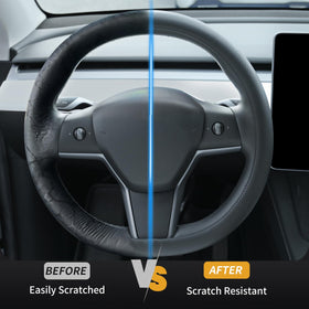Uxcer installed on Tesla Model 3 steering wheel illustrating tailored fit and refreshed cabin look