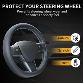 Uxcer cover in Tesla interior lifestyle shot enhancing aesthetics and protecting original wheel