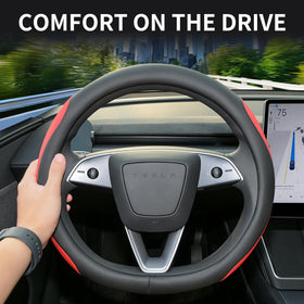 Uxcer steering wheel cover installed in Tesla Model 3 improving grip and aesthetics