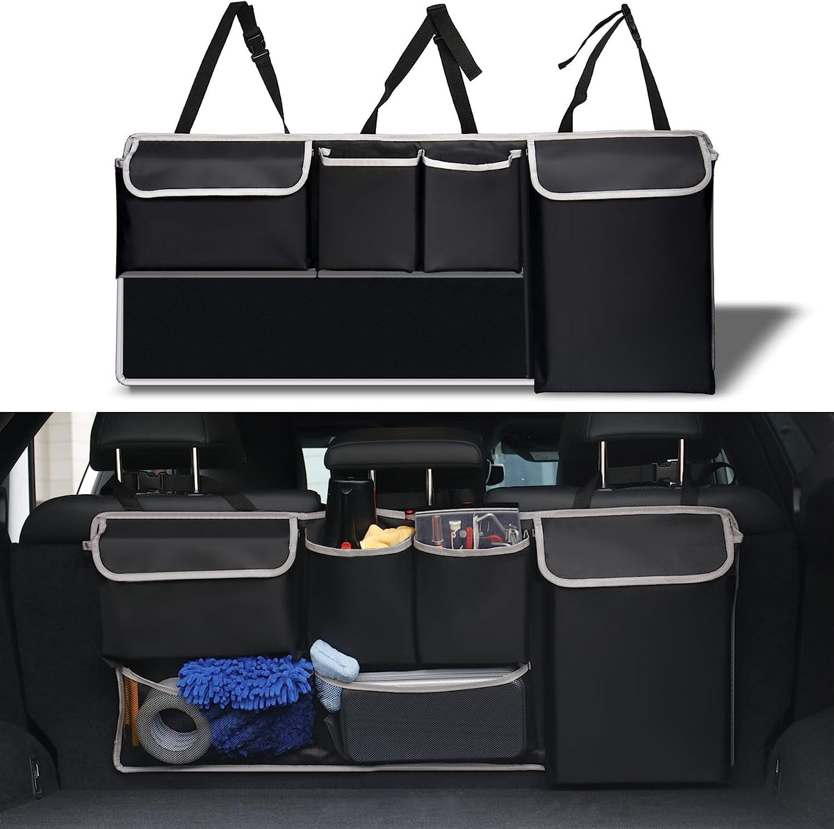 UYYE front view of organizer showing four pockets and two mesh pouches for tidy storage
