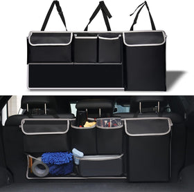 UYYE front view of organizer showing four pockets and two mesh pouches for tidy storage