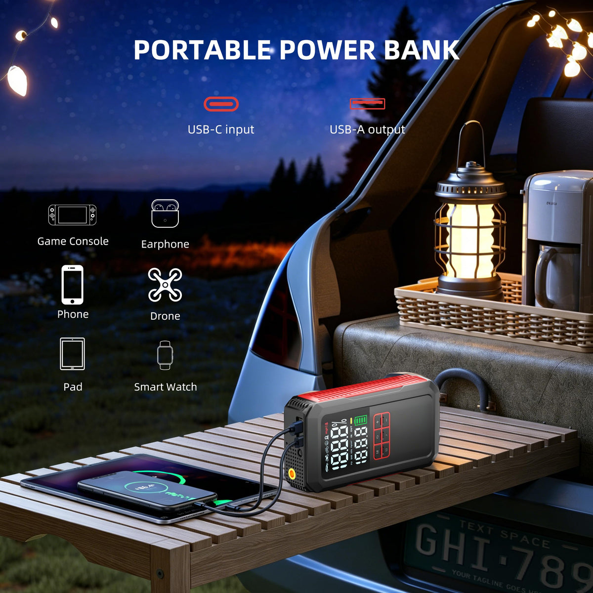 UZNY power bank USB ports close-up for charging phones on the go