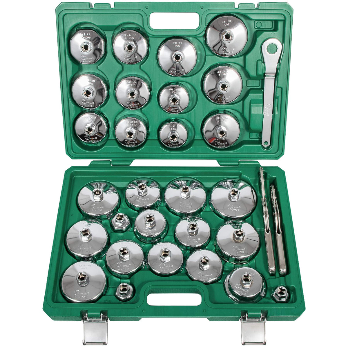 V-SEK front packaging showing full 31-piece oil filter wrench kit and case benefit