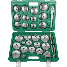 V-SEK front packaging showing full 31-piece oil filter wrench kit and case benefit