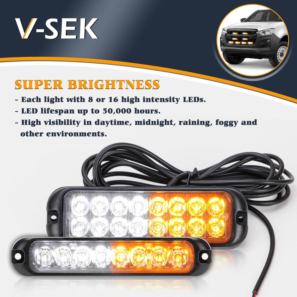 V-SEK lights mounted on truck grille showing synchronized flashes for improved roadside visibility