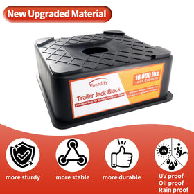 Vacallity block placed under trailer jack at campsite, prevents sinking