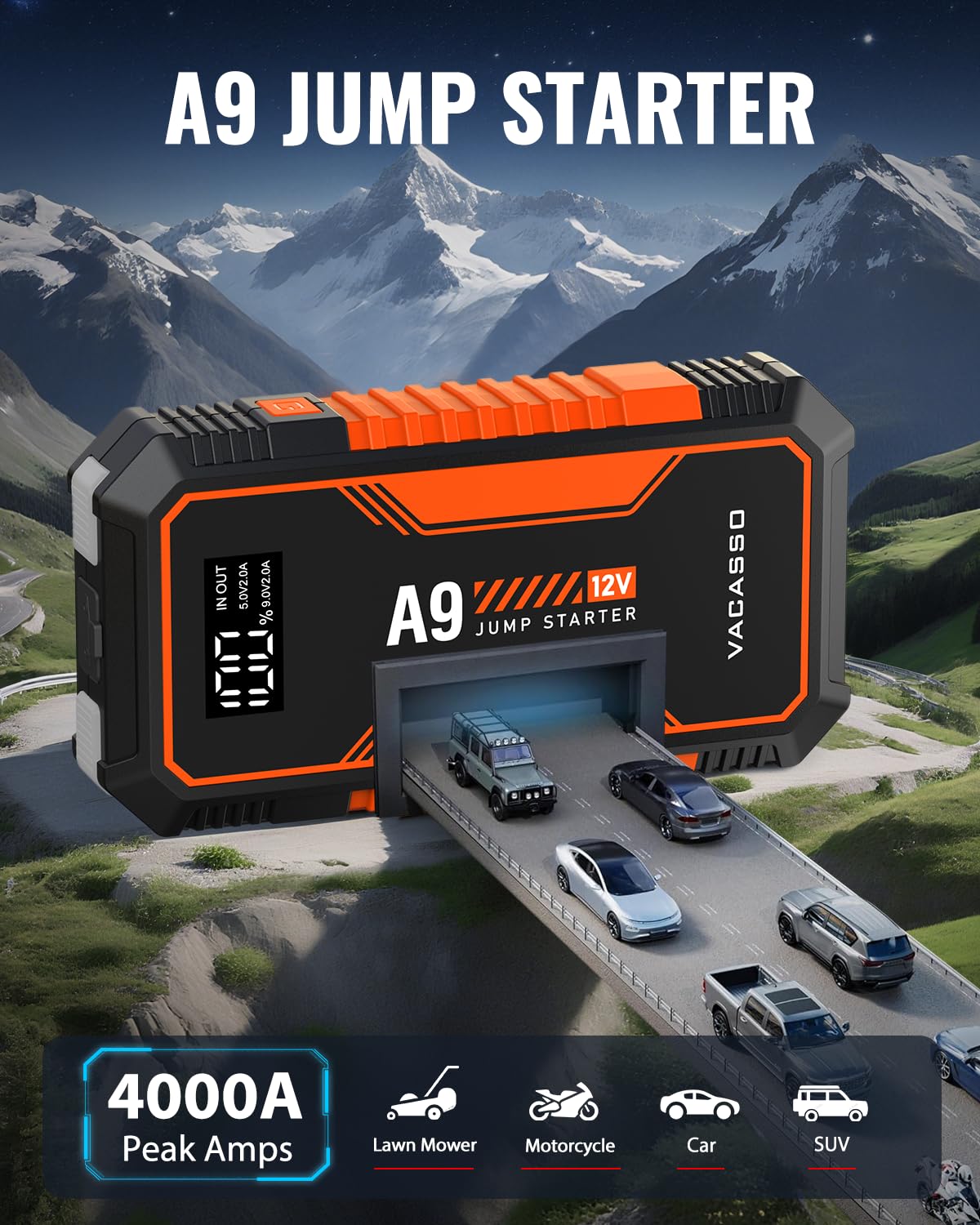VACASSO A9 jump starting a car demonstrating reliable engine starting