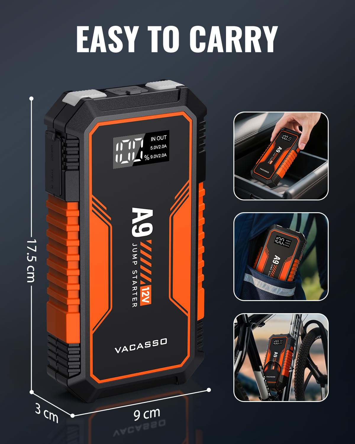 VACASSO A9 stored in car trunk showing roadside readiness and convenience