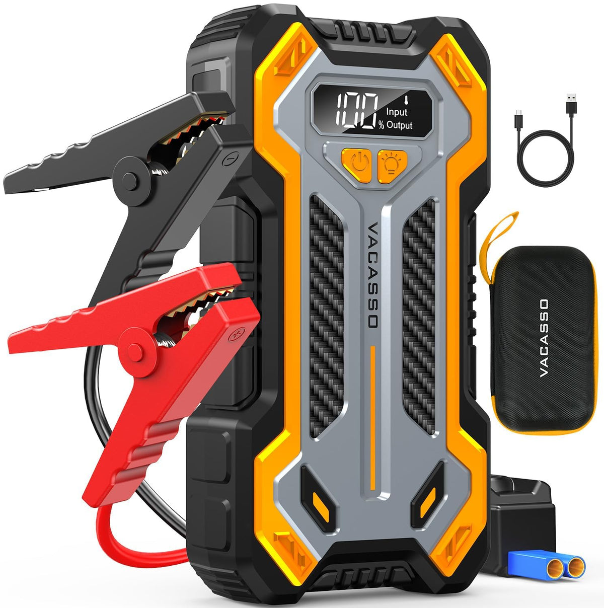 VACASSO front view showing compact jump starter and branding for portable reliability