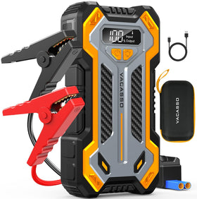 VACASSO front view showing compact jump starter and branding for portable reliability