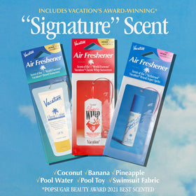 VACATION close-up of scented card texture highlights premium fragrance detail