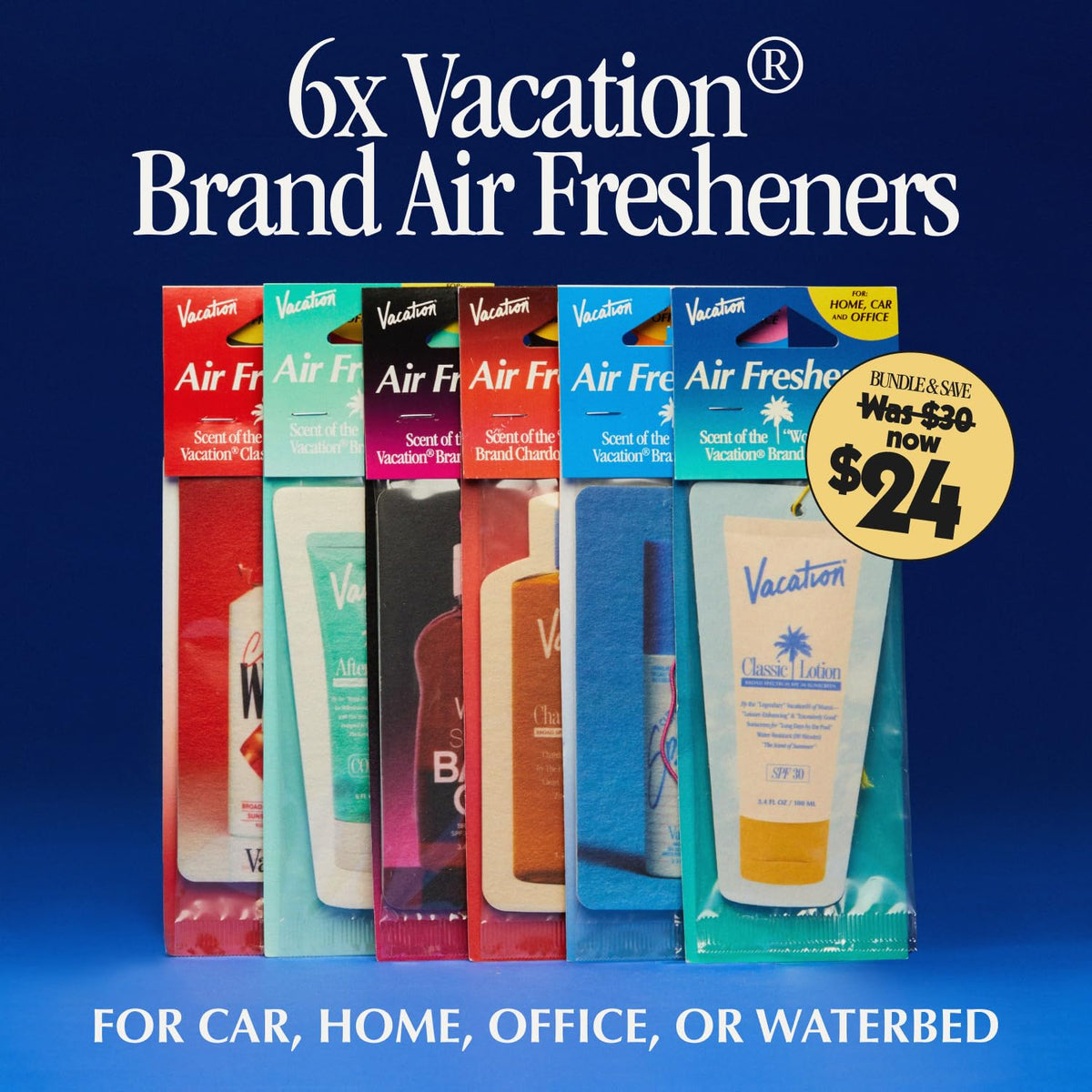 VACATION freshener hanging from rearview mirror freshens car interior effectively