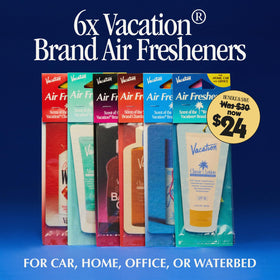 VACATION freshener hanging from rearview mirror freshens car interior effectively