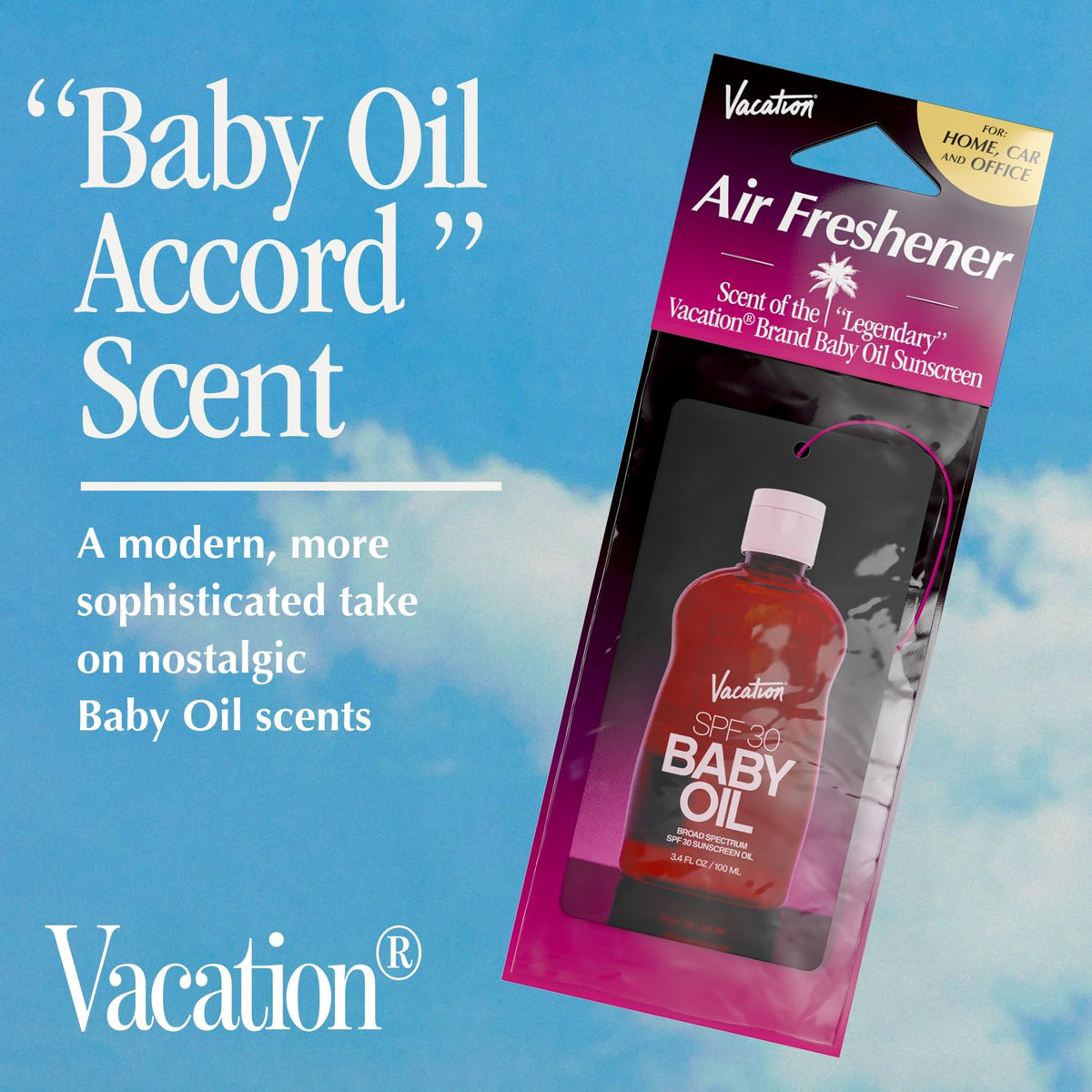 VACATION freshener beside sunglasses shows size and easy portable use
