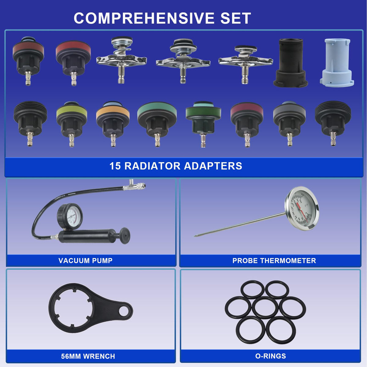 VAGNEUS aluminum adapters array top view showing varied sizes and corrosion resistance for broad vehicle fitment
