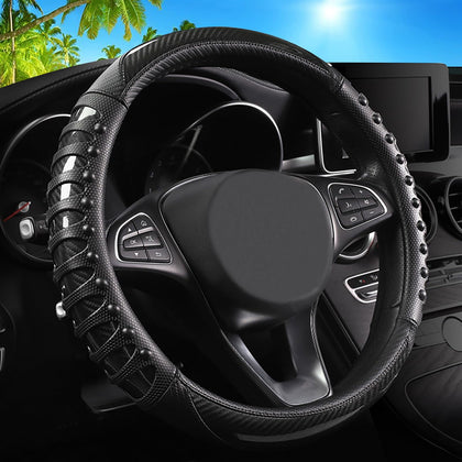vaitarkli front view of black carbon fibre steering wheel cover, shows clean styling and protection