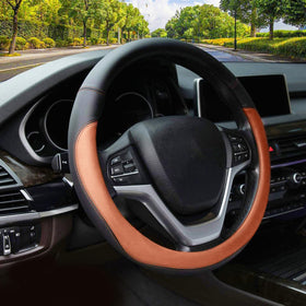 Valleycomfy front view brown steering wheel cover showcasing fit and finish