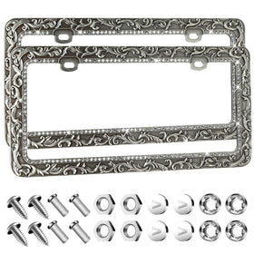 Valor front view metal license plate frame shows decorative pattern and durability