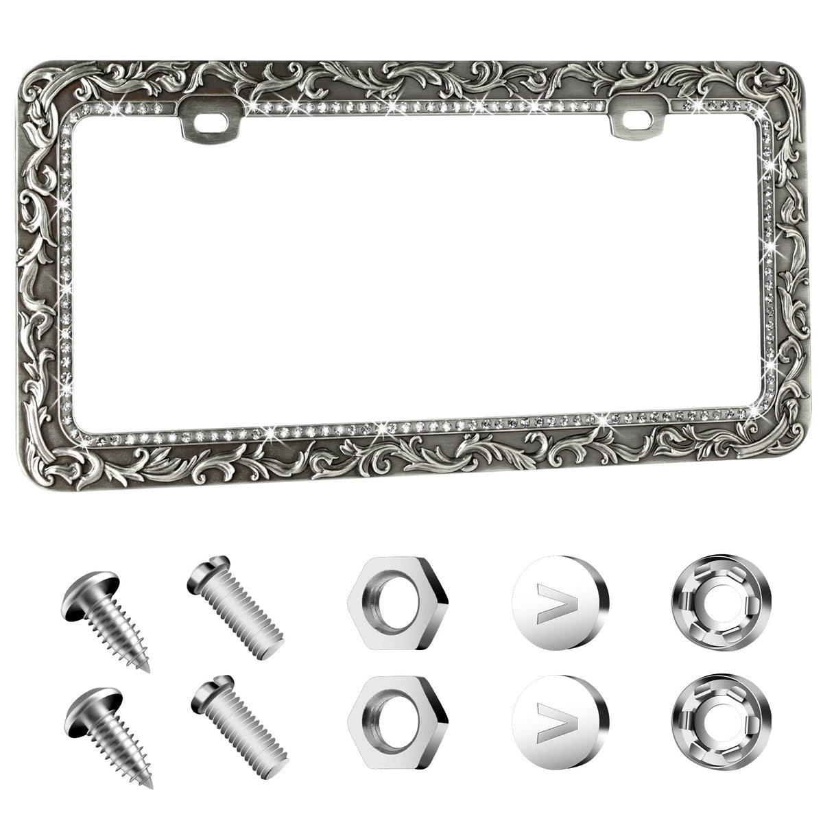 Valor front view metal license frame showing full decorative design and fit