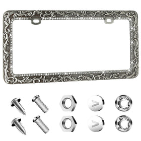 Valor front view metal license frame showing full decorative design and fit