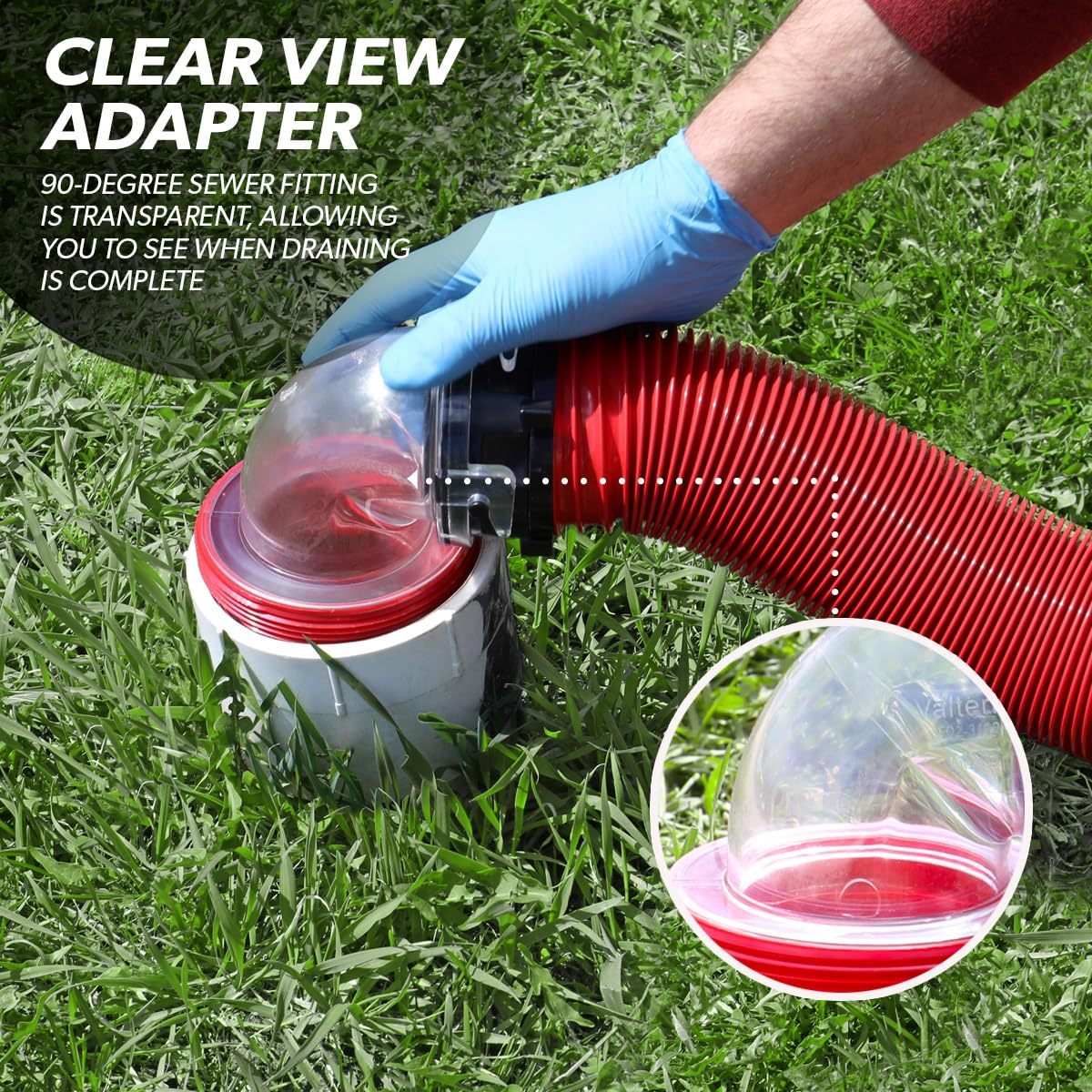 Valterra hose connected to RV drain demonstrating secure, tidy hookup benefit