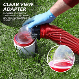 Valterra hose connected to RV drain demonstrating secure, tidy hookup benefit