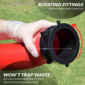 Valterra rotating fitting close-up showing bayonet hook for leak prevention benefit