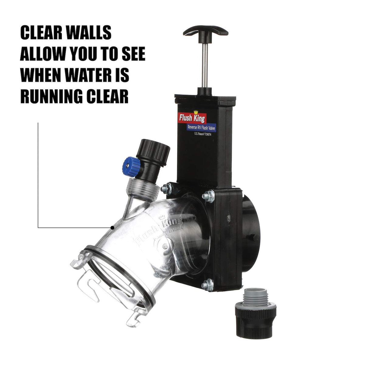 Valterra Flush King clear housing closeup showing visible rinse status
