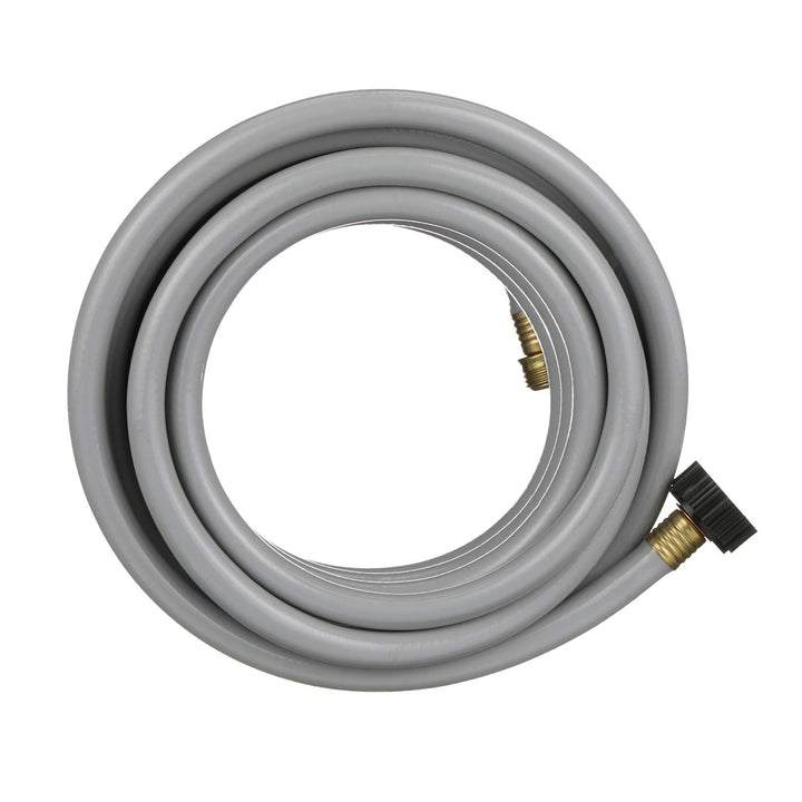 Valterra front view of gray flushing hose showing full length and fittings, clear identification benefit