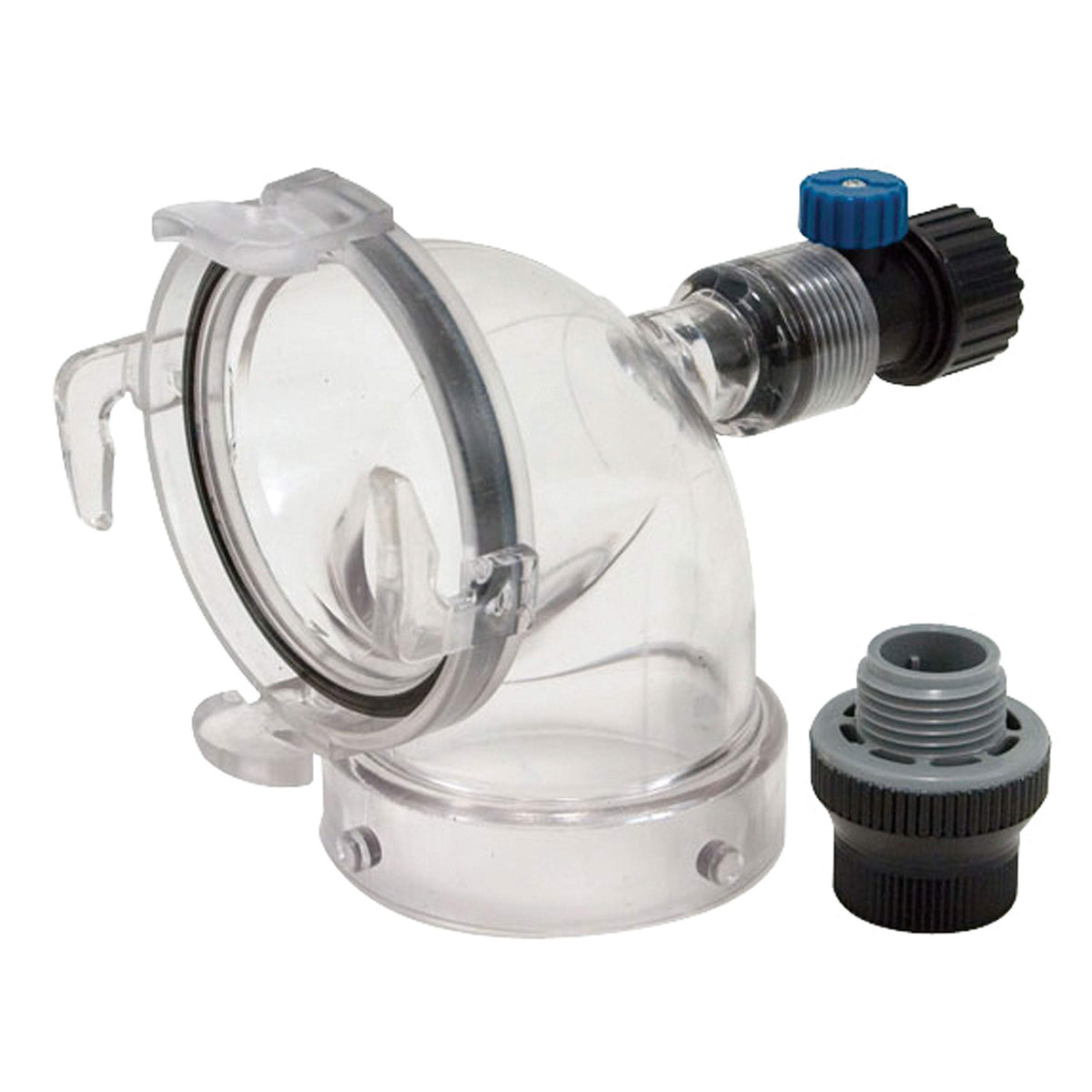 Valterra Hydroflush front-angle showing clear body and quick-twist connection for easy viewing and cleaning