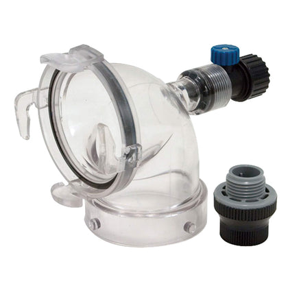 Valterra Hydroflush front-angle showing clear body and quick-twist connection for easy viewing and cleaning