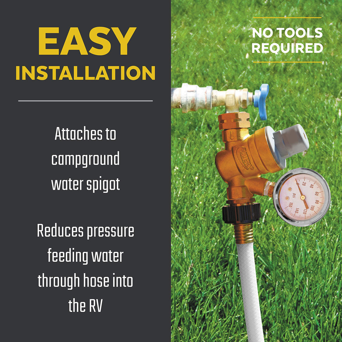 Valterra regulator installed on campground spigot protecting RV plumbing from high pressure