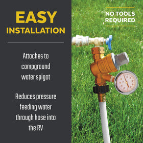 Valterra regulator installed on campground spigot protecting RV plumbing from high pressure
