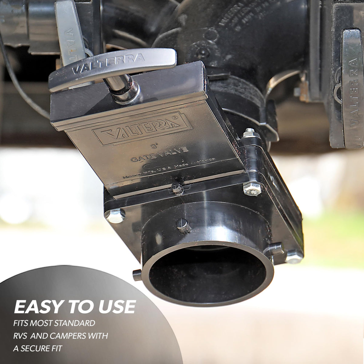 Valterra T58 installed on RV waste outlet demonstrating mess-free drainage