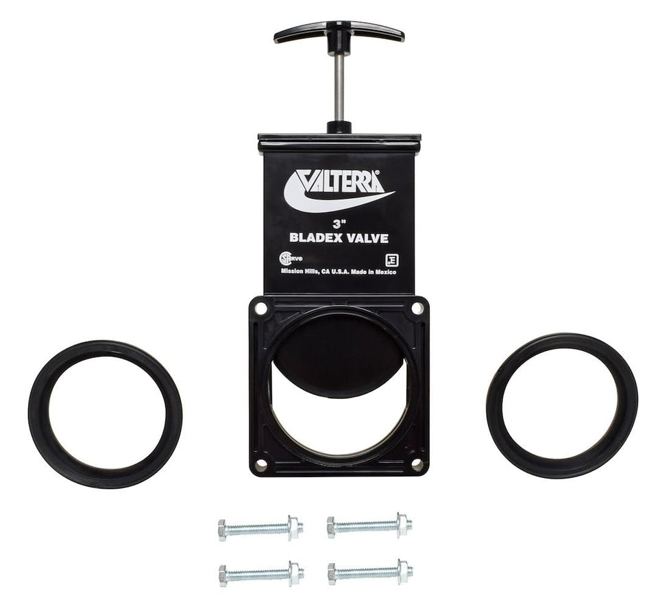 Valterra front view of 3 inch valve body showing mounting points and handle, simplifies replacement