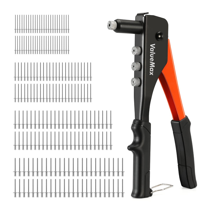 ValueMax rivet gun front view showing steel body and grips, easy durable use