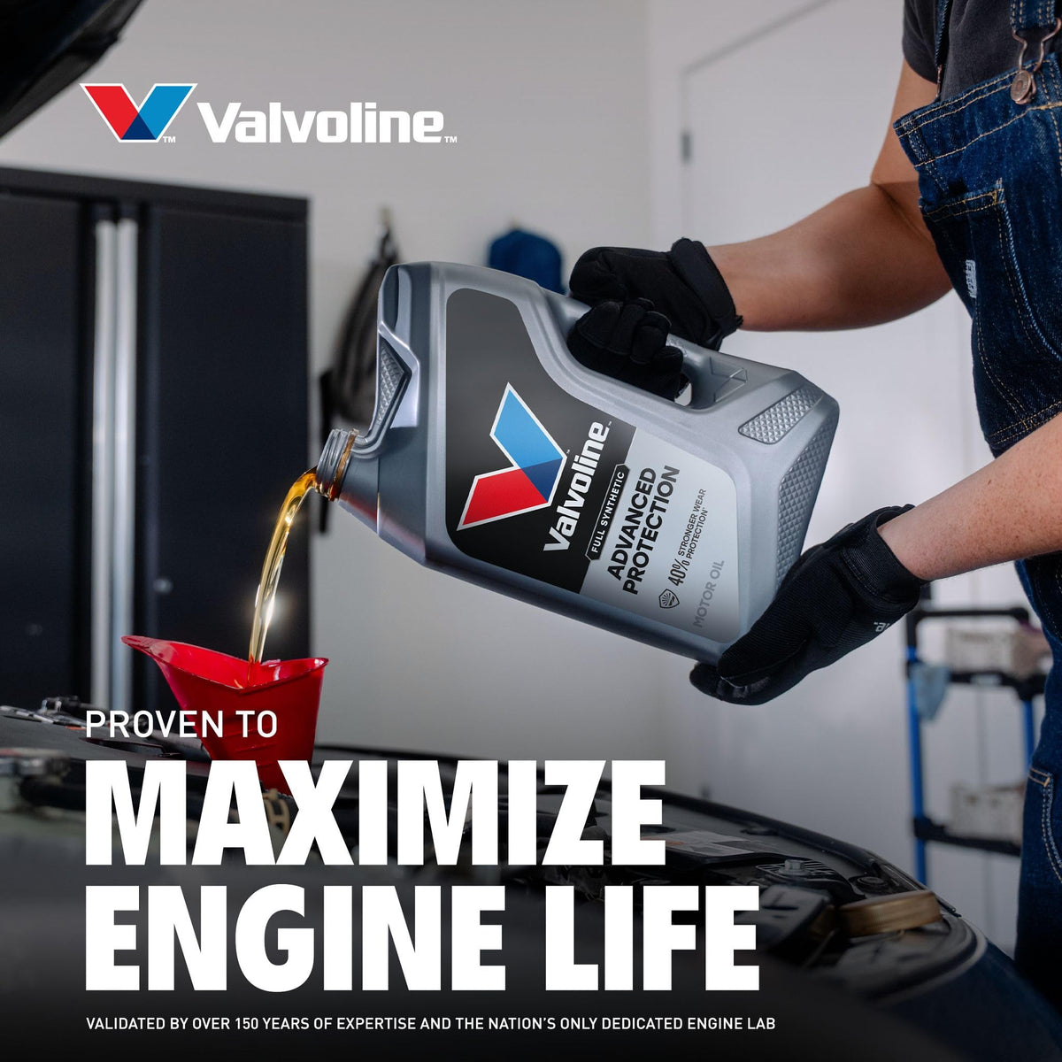 Valvoline oil being poured into an engine highlighting protection during use