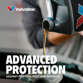 Valvoline bottle next to engine bay showing correct application benefit
