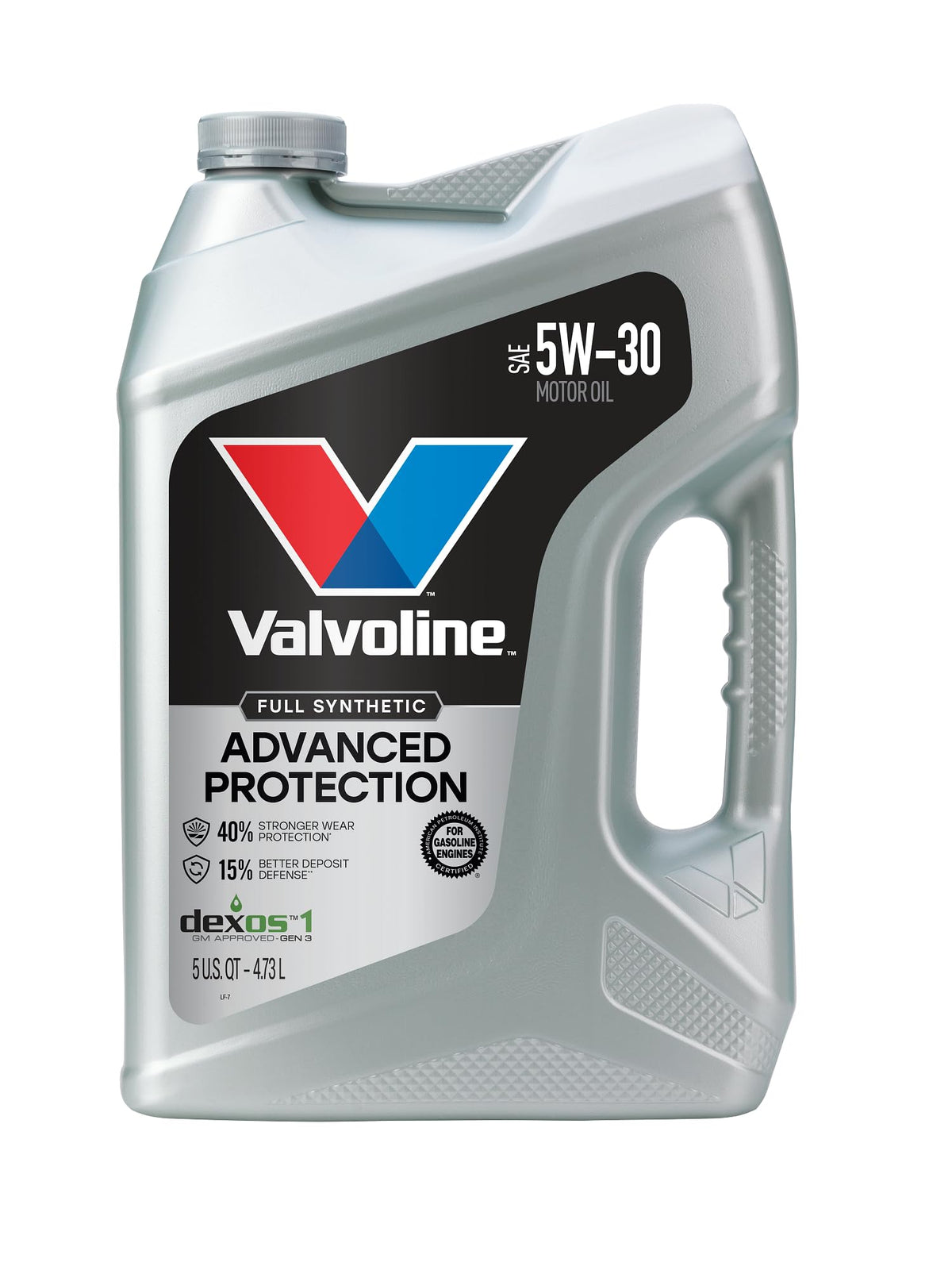 Valvoline advanced full synthetic 5W-30 front label showing product benefits
