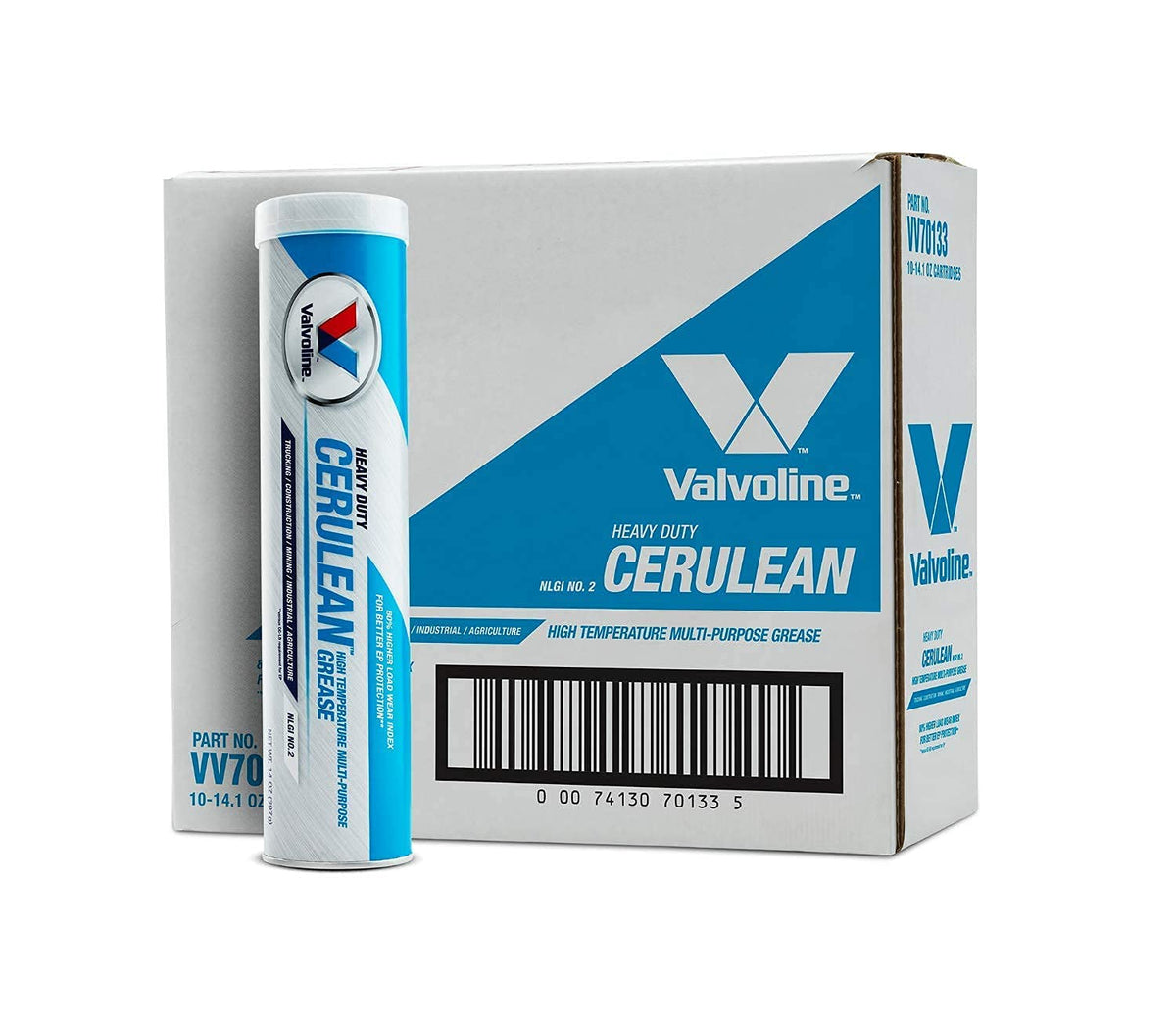 Valvoline Cerulean front packaging showing case of ten cartridges and clear labeling benefit: consistent supply