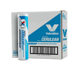 Valvoline Cerulean front packaging showing case of ten cartridges and clear labeling benefit: consistent supply