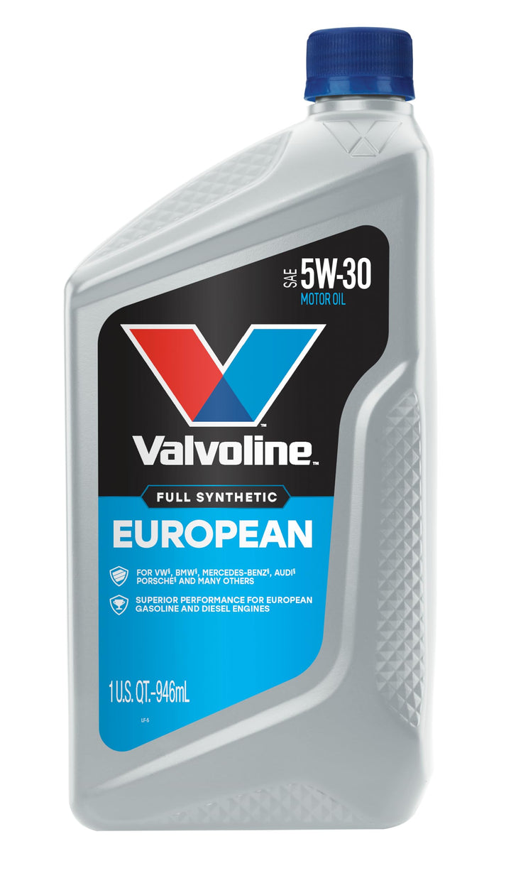 Valvoline European 5W‑30 front quart bottle showing branding and packaging benefit