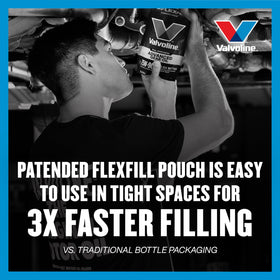 Valvoline Flexfill label detail showing spec information and confidence benefit