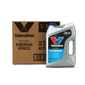 Valvoline front bottle showing European 5W-40 label and easy pour spout benefit