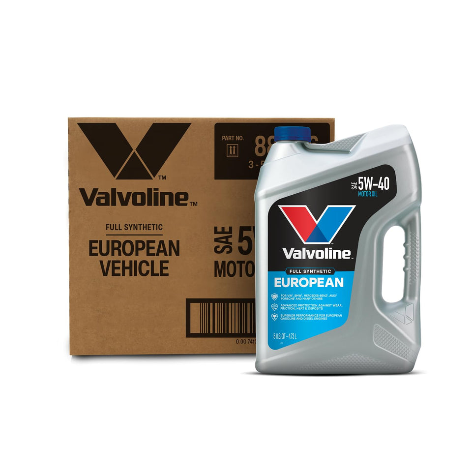 Valvoline front bottle showing European 5W-40 label and easy pour spout benefit