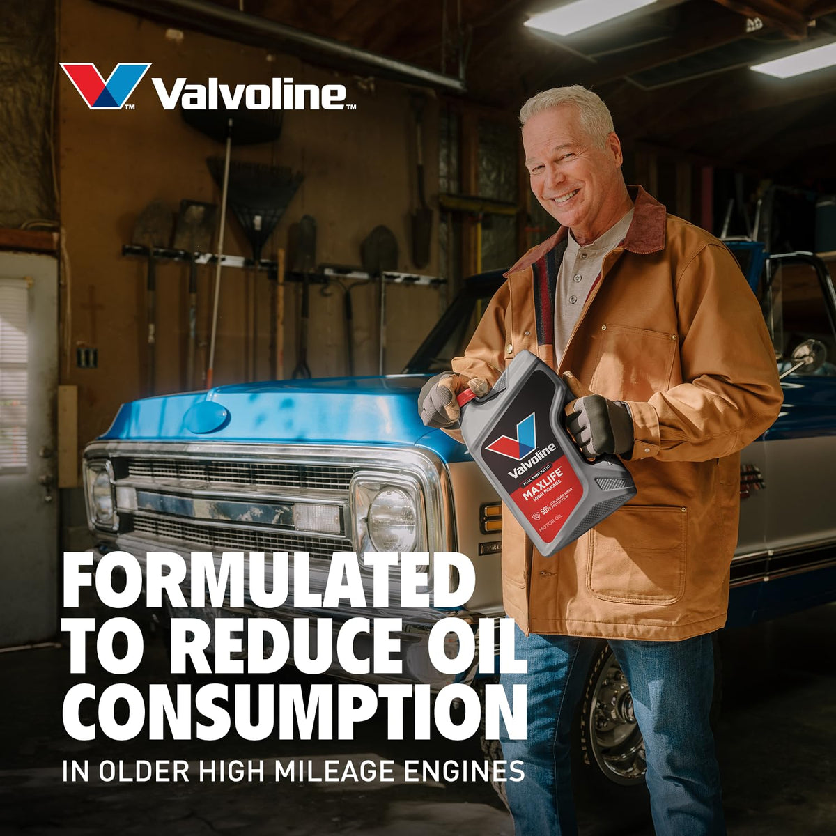 Valvoline MaxLife bottle on garage workbench conveying real-world high-mileage use